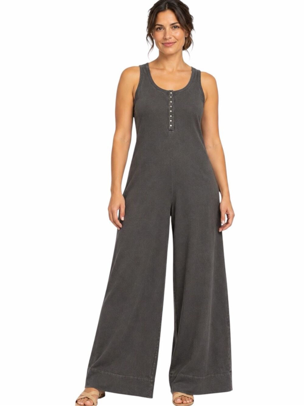 NATION LTD Sleeveless Henley Wide Leg Cotton Jumpsuit Charcoal Gray XS